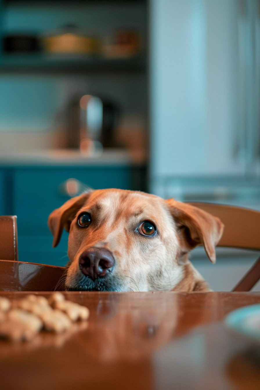 Dog caught stealing food from kitchen table with surprised expression