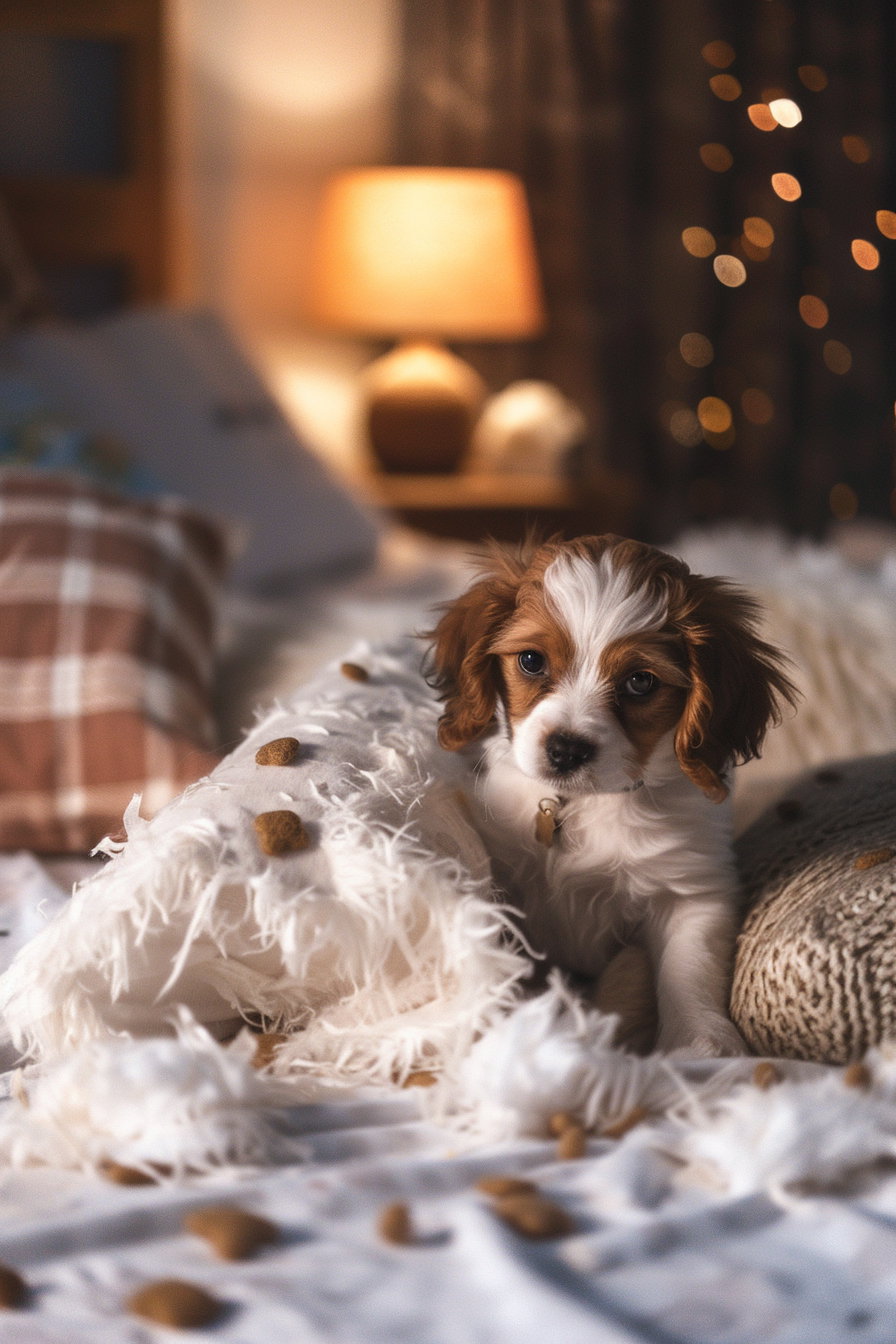 Guilty puppy beside torn pillow in messy room