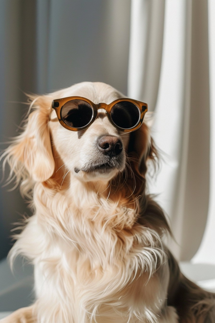 Dog in oversized sunglasses posing playfully in sunlight