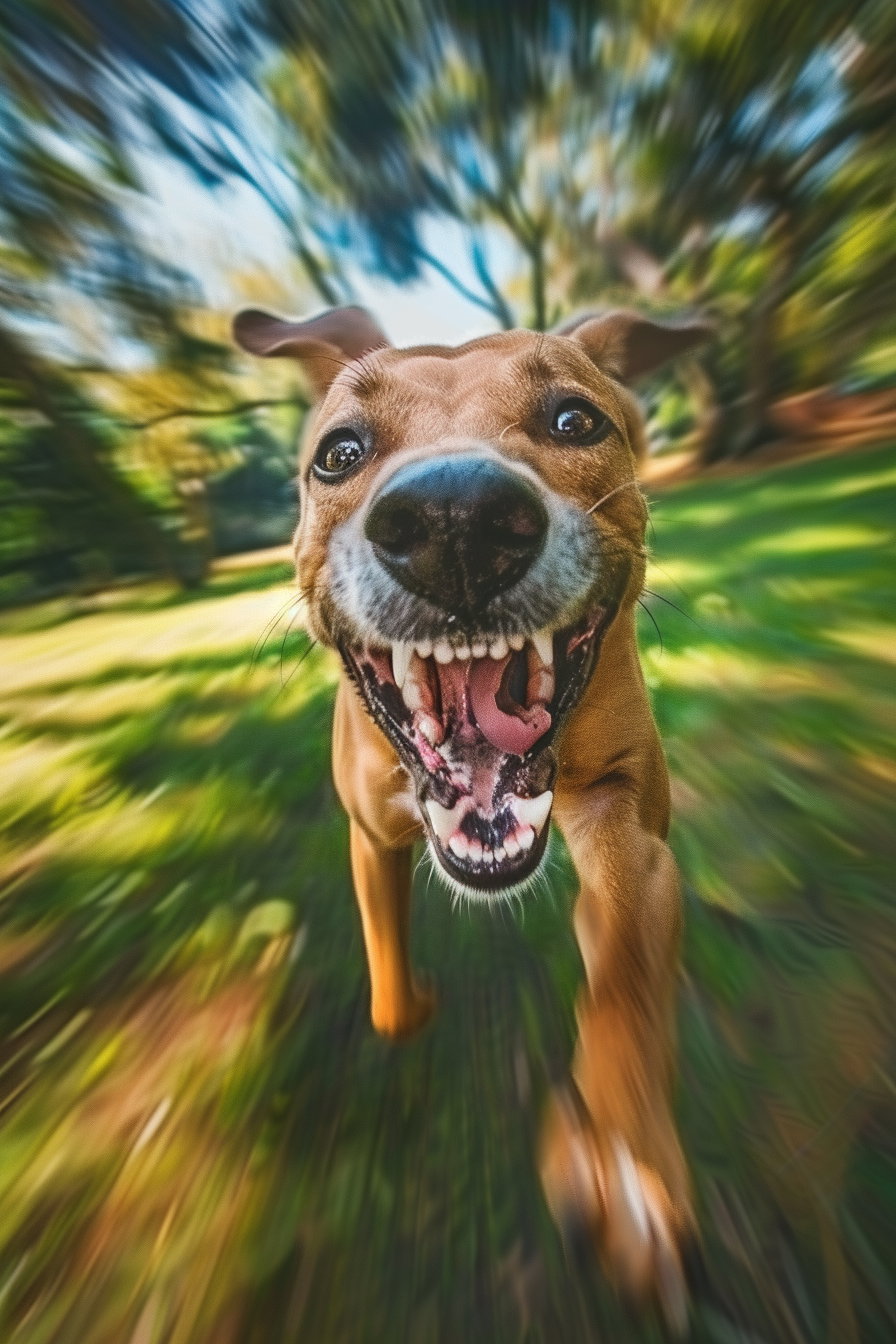 Excited dog jumping towards camera in park setting