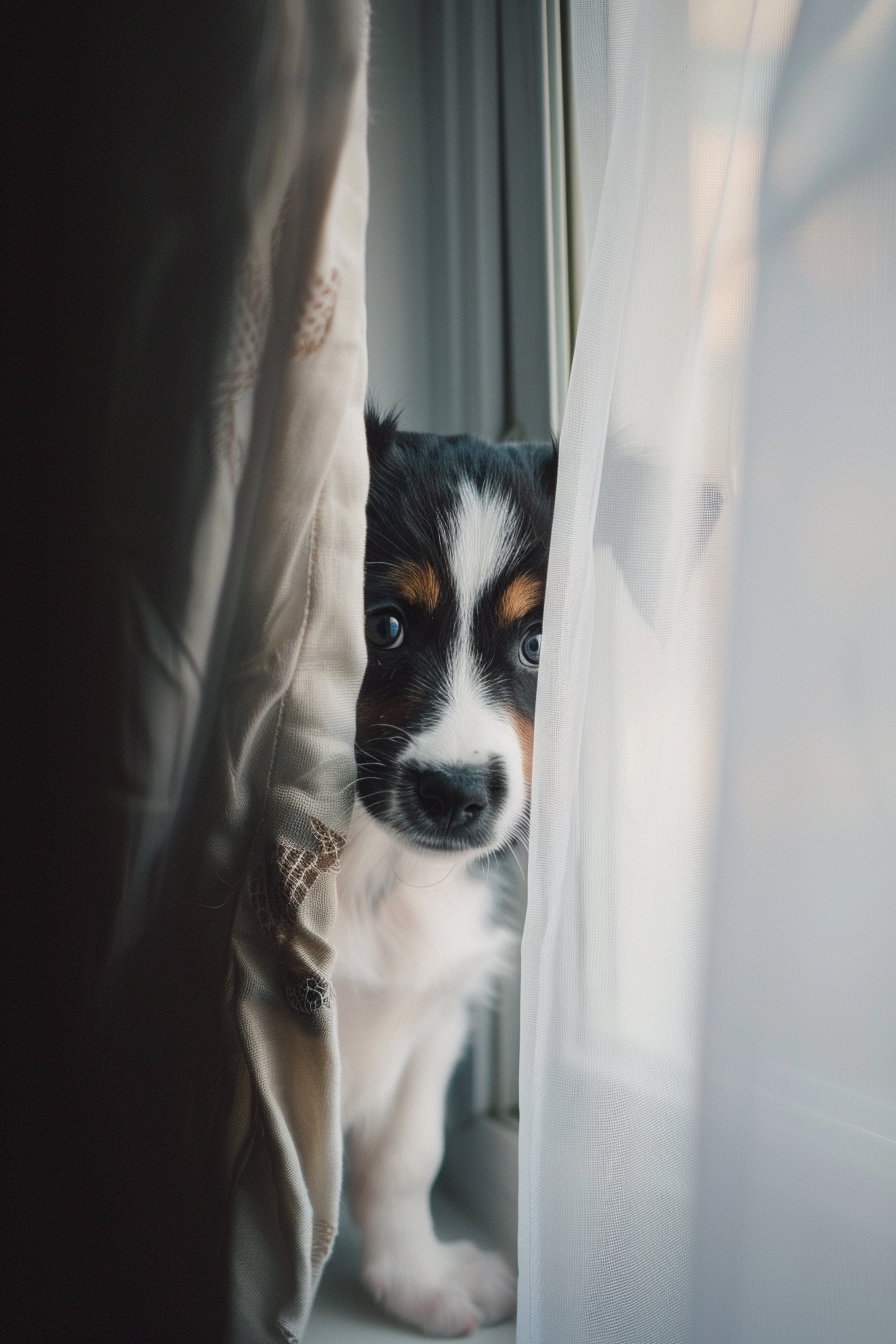 Small puppy peeking from behind curtain in cozy room
