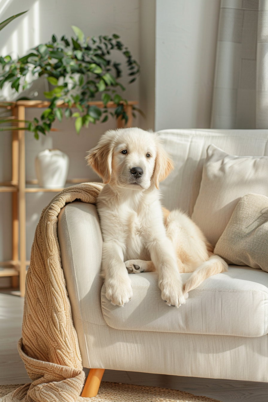 Cute golden retriever puppy in modern minimalist living room