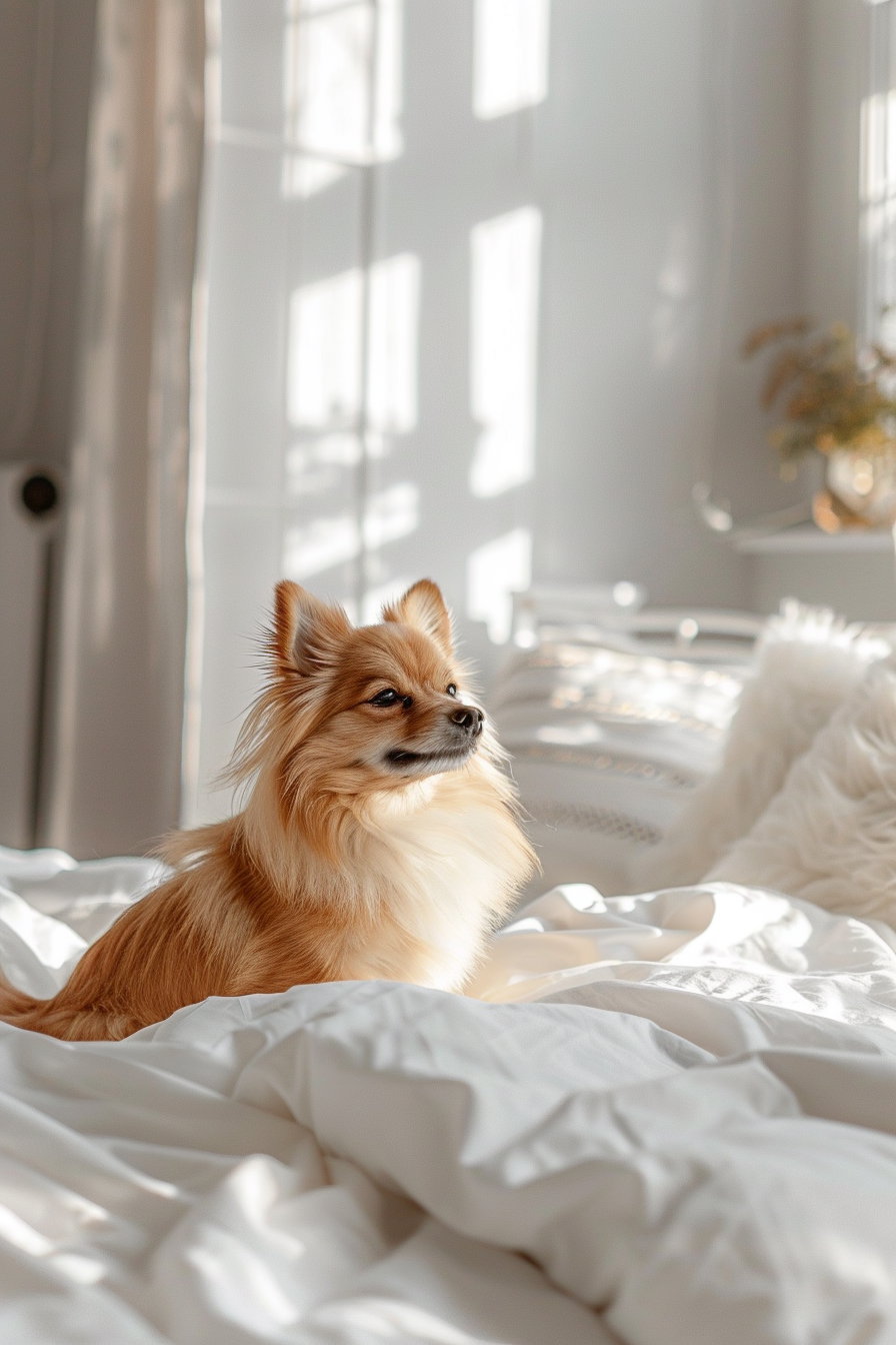 Fluffy dog resting on white bed in luxury bedroom