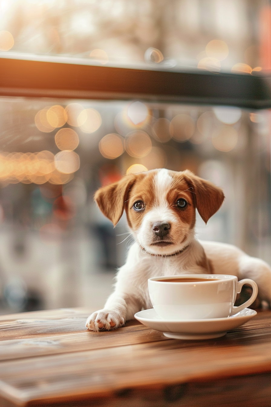 Cute puppy beside coffee cup on wooden table