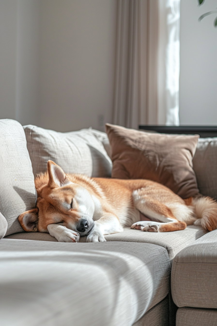 Adorable dog lounging on stylish sofa in modern apartment