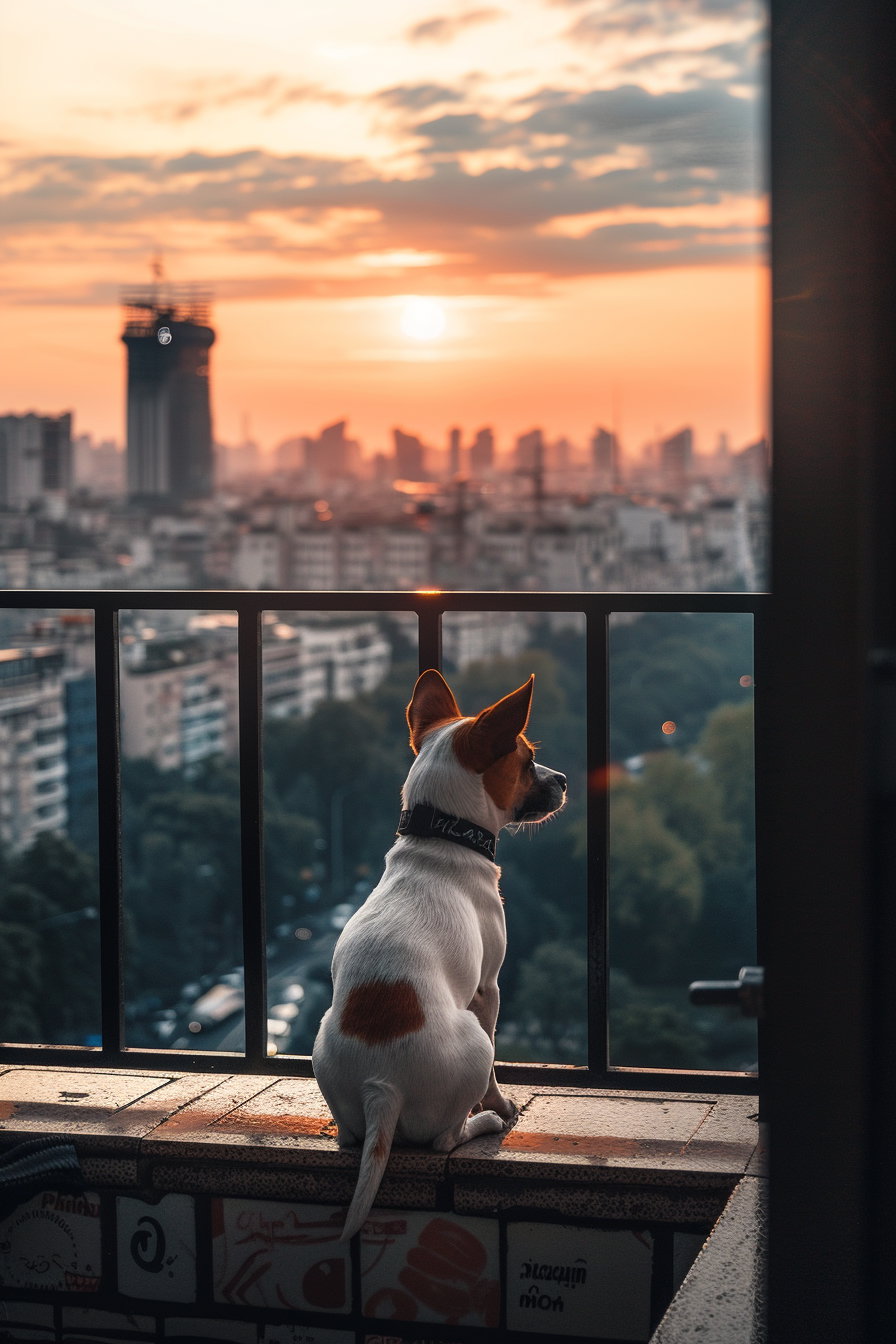 Cute dog on balcony with city skyline at sunset