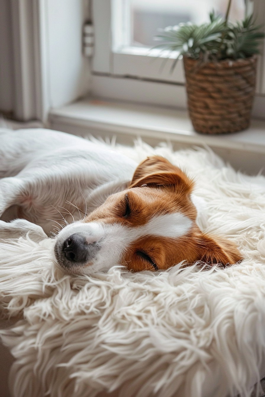 Puppy resting on fluffy rug in cozy Scandinavian interior
