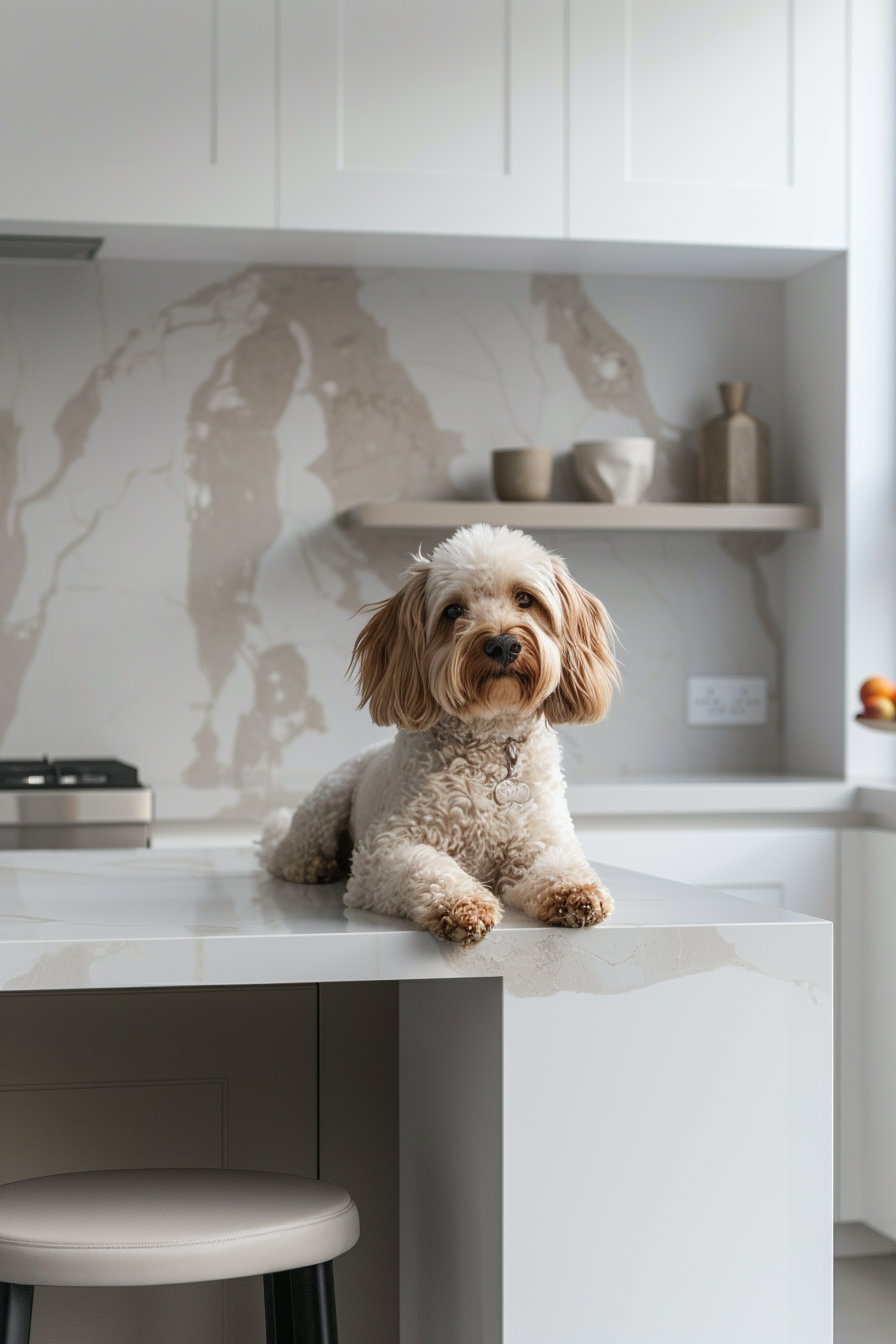 Cute dog in modern white kitchen with soft daylight