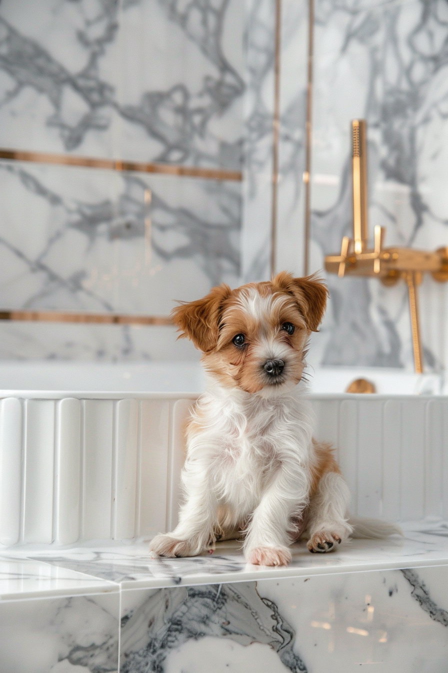 Small puppy in luxury bathroom with marble and soft lighting