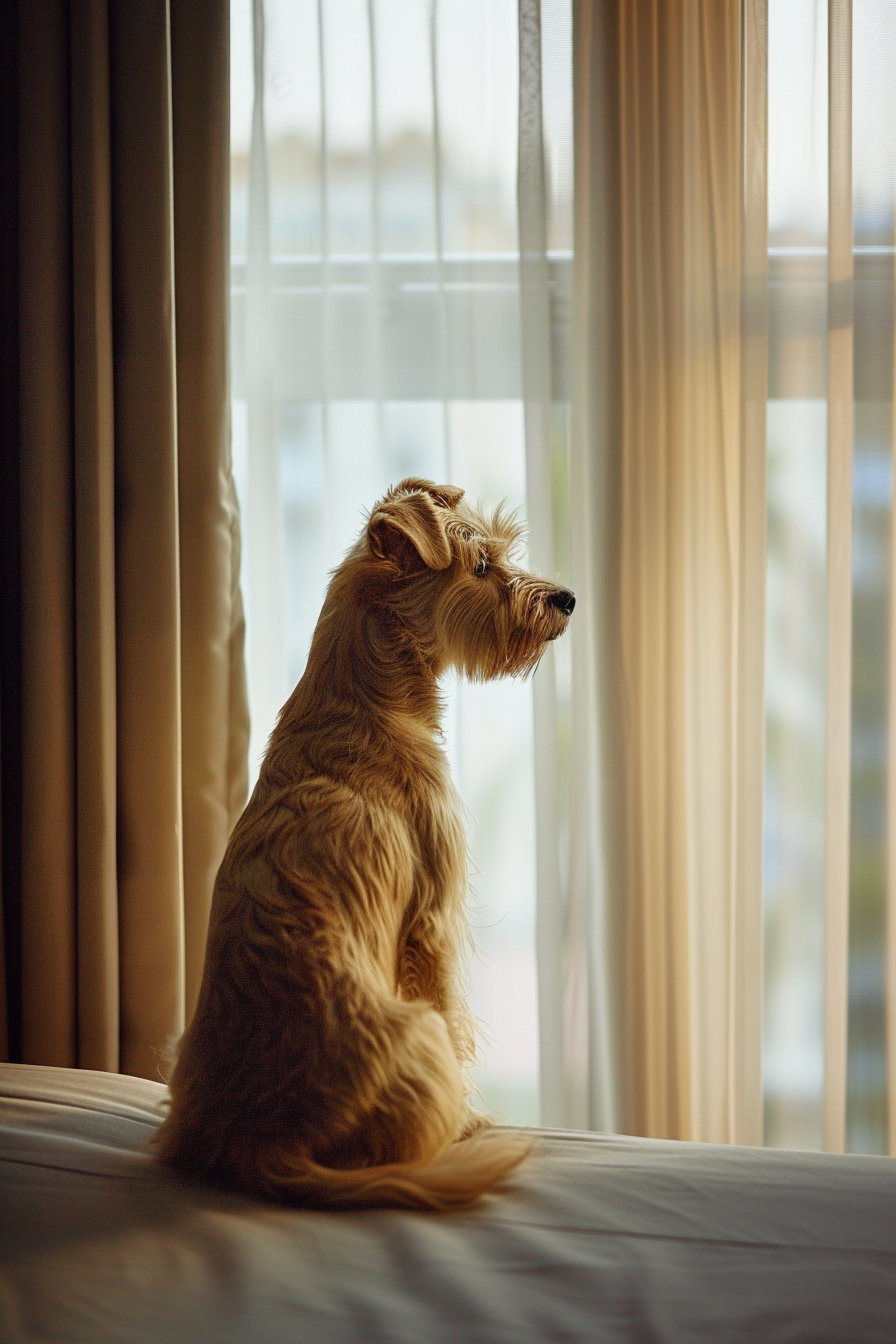 Cute dog by window with sheer curtains and soft light