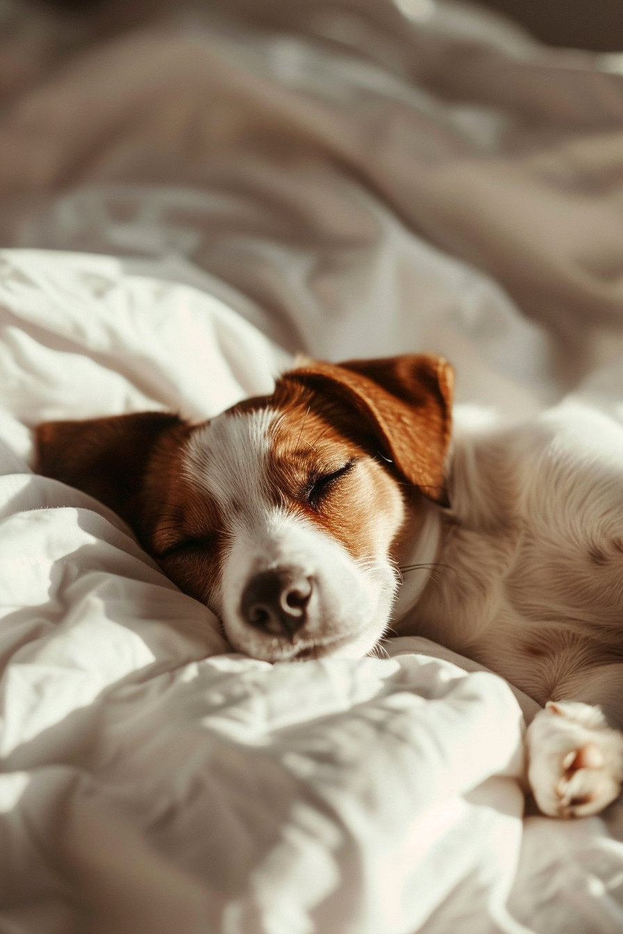 Puppy resting on white sheets in warm sunlight
