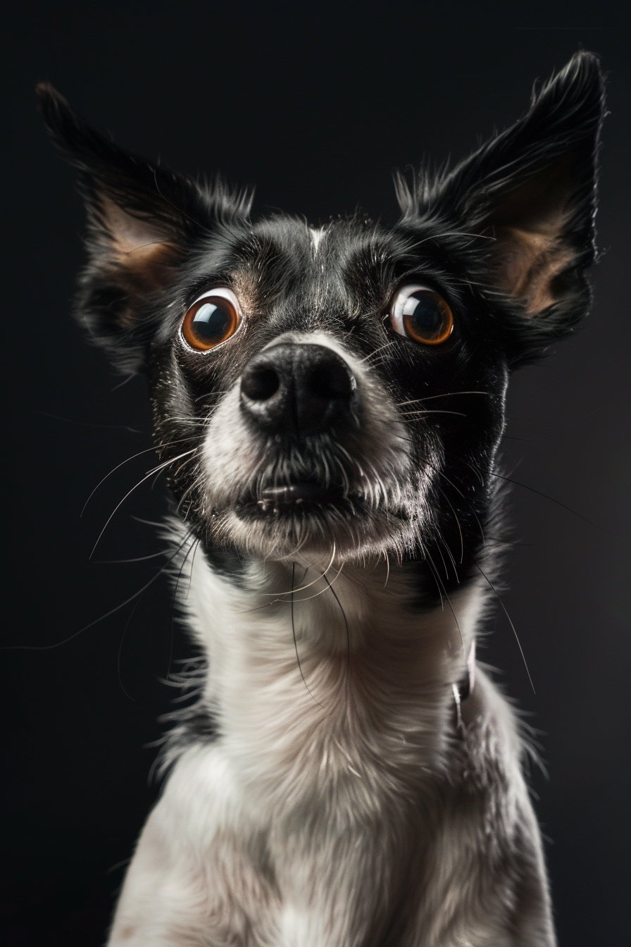 Funny shocked dog with wide eyes in dramatic lighting