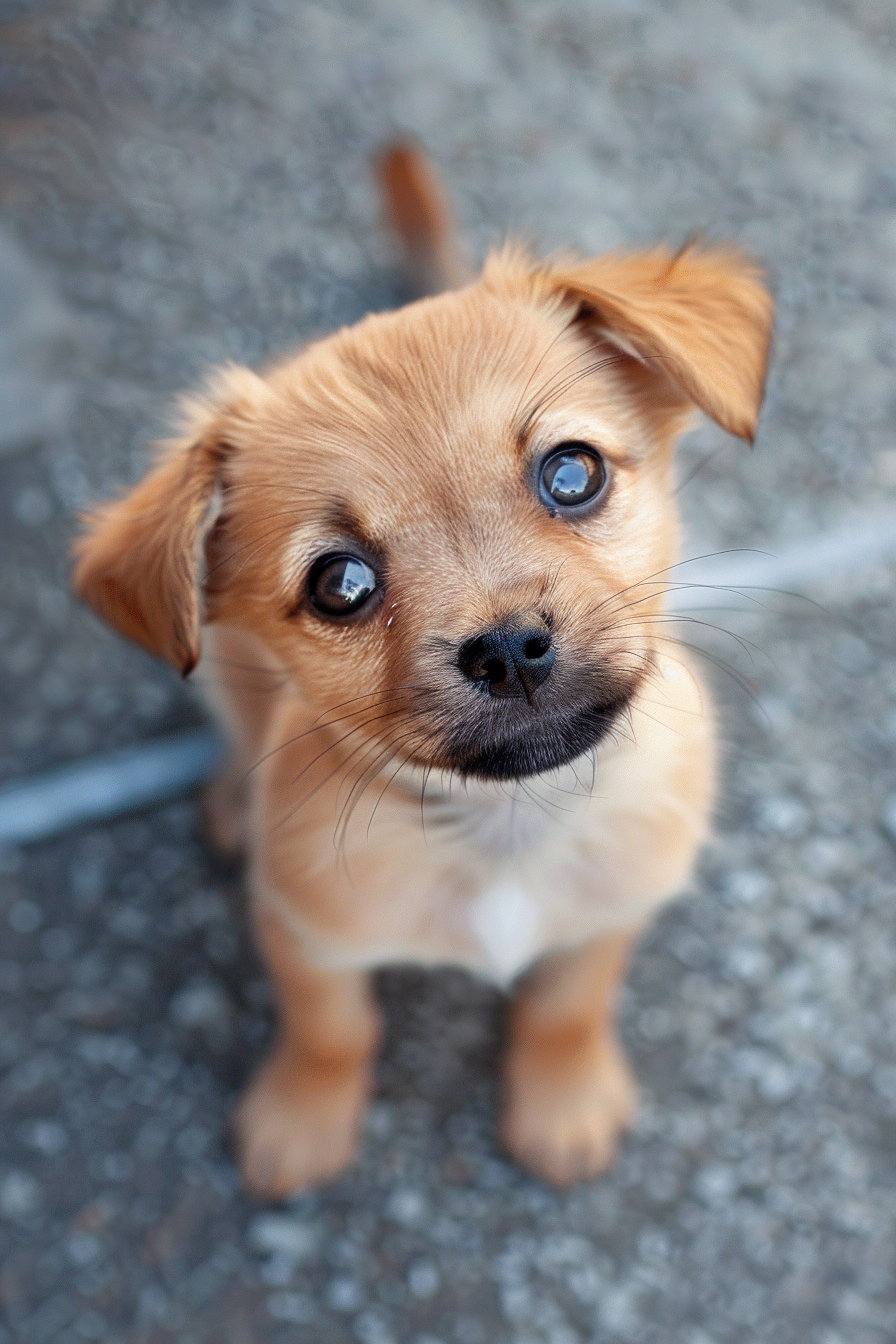 Tiny puppy with large sad eyes in soft lighting