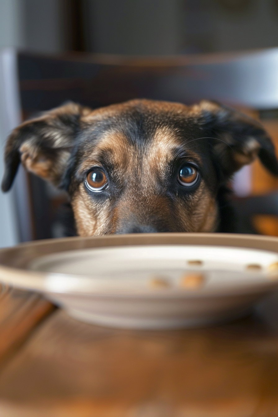Dog with big eyes begging for food at dinner table