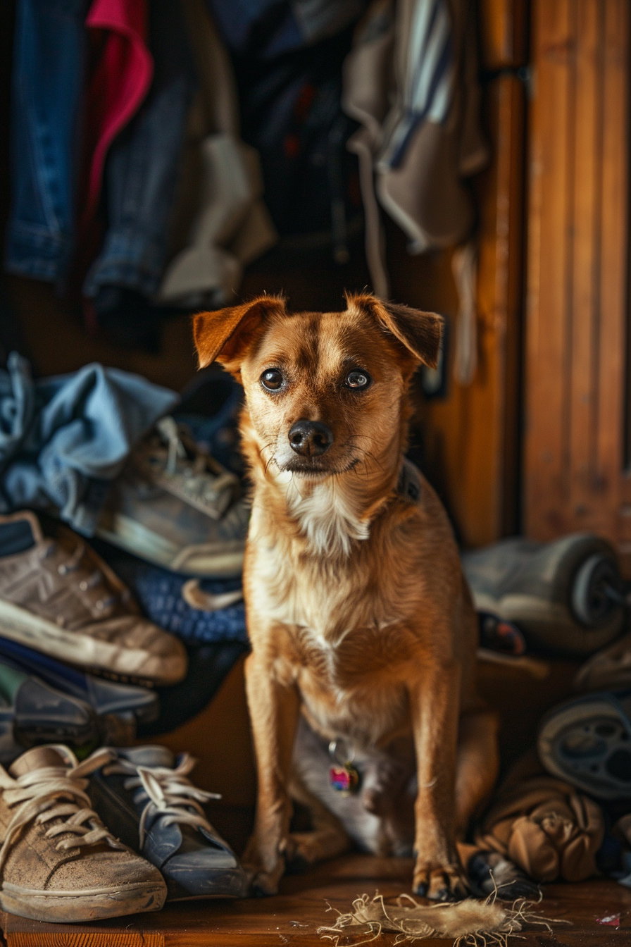 Guilty dog beside destroyed shoes in messy room