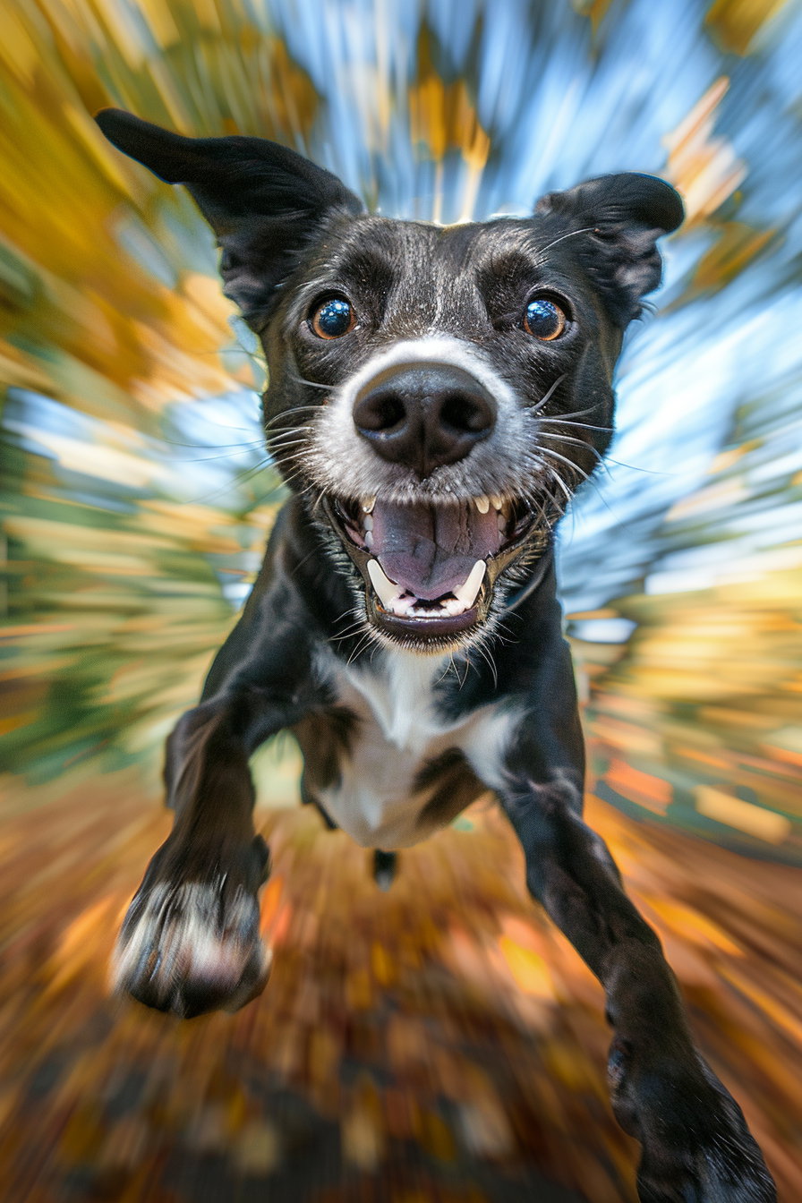 Excited dog jumping towards camera in joyful motion