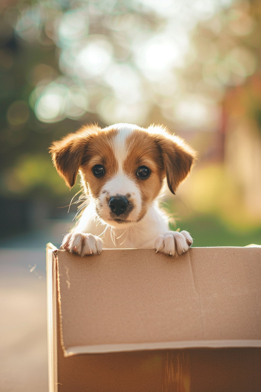 Puppy awkwardly fitting into a small box in soft light