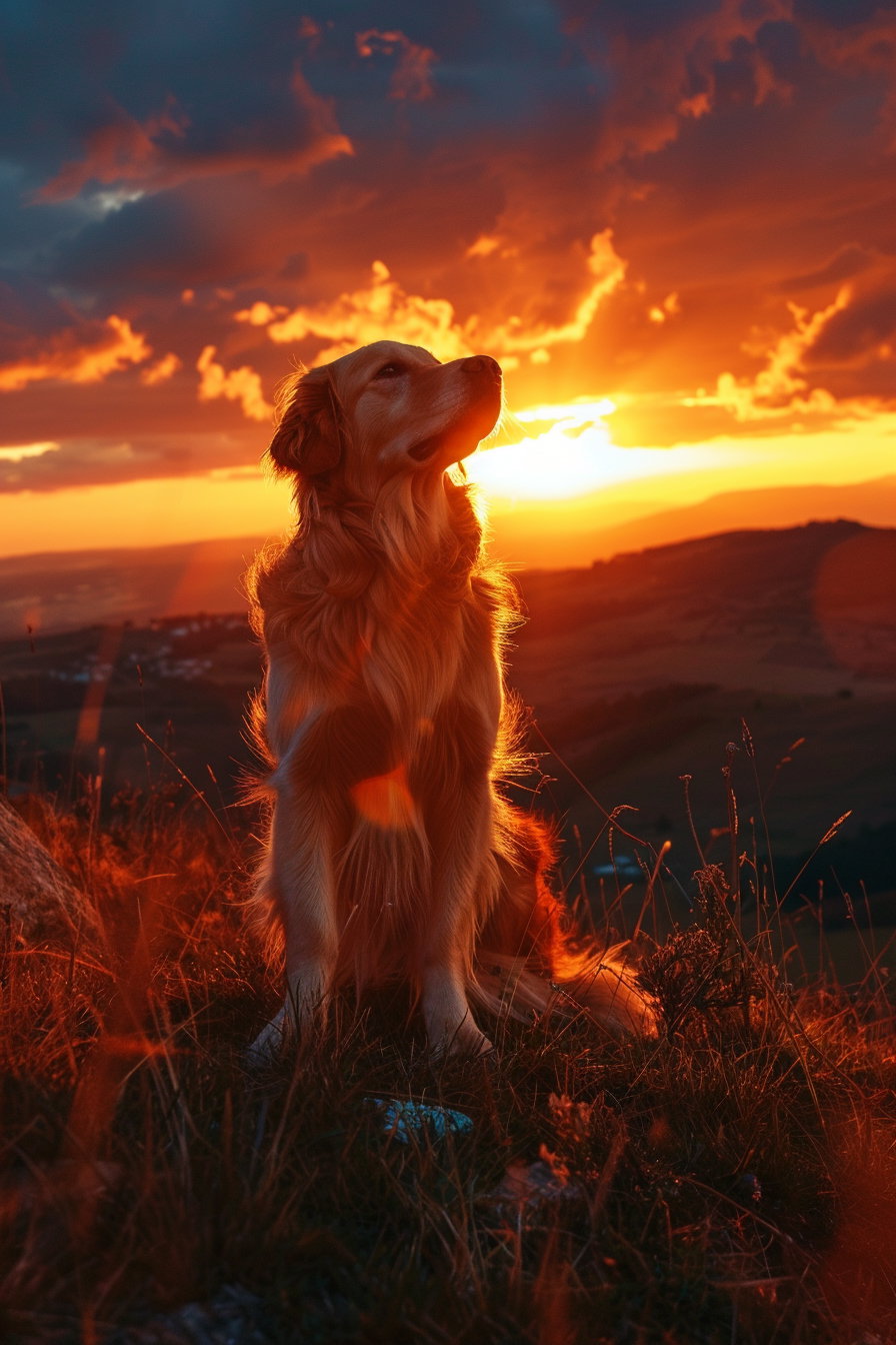 Golden retriever on hill at sunset with lens flare