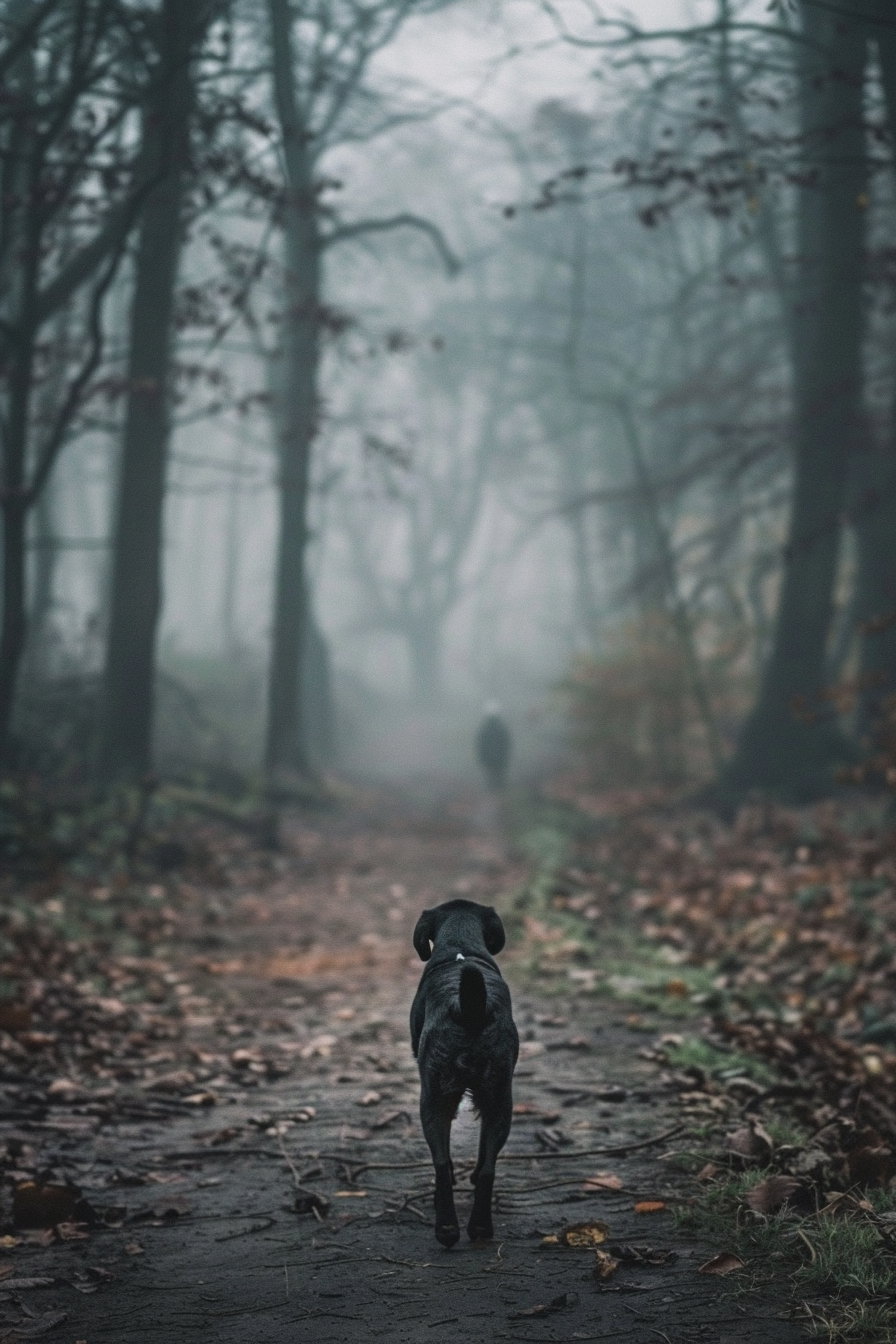 Dog walking alone in foggy forest with soft haze