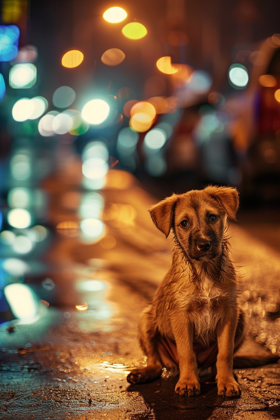 Puppy under street lights on wet pavement at night