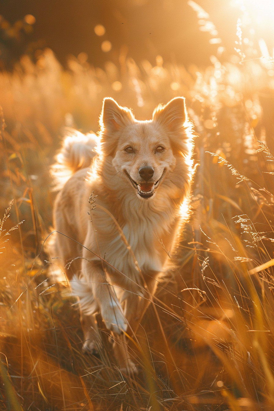 Dog running through tall grass at golden hour