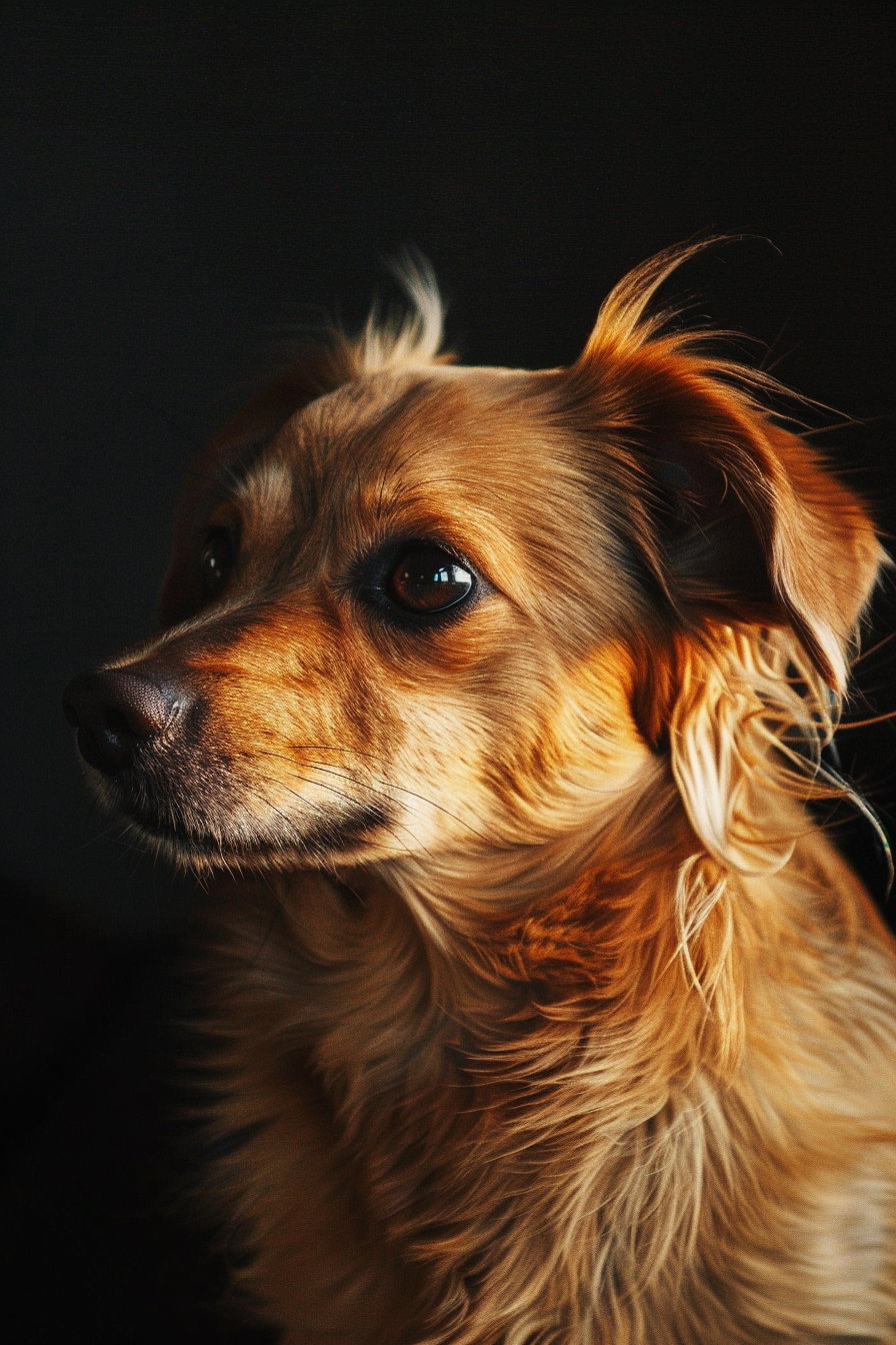Cinematic close-up portrait of a dog with wind-blown fur