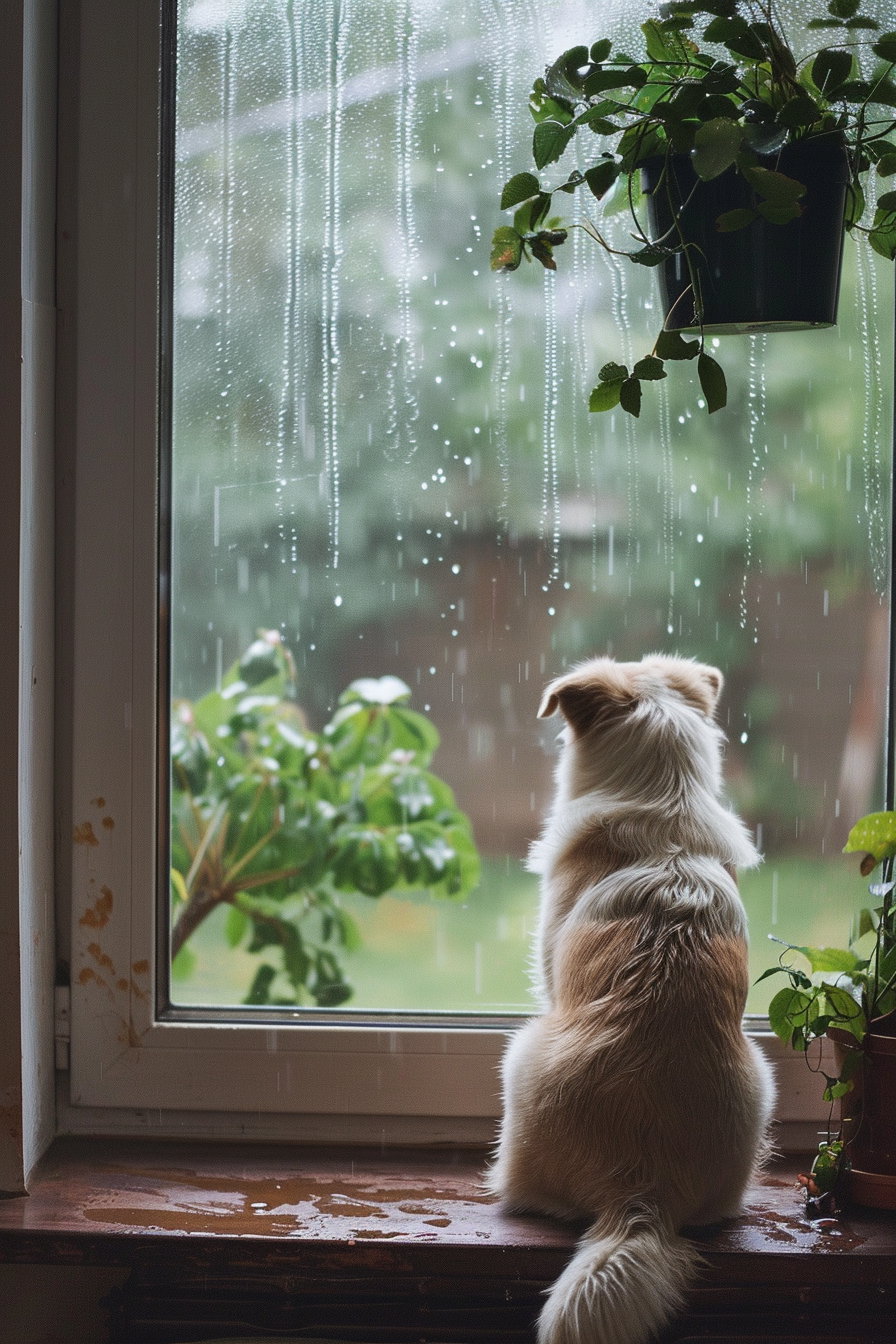 Dog sitting by window with rain and soft reflections