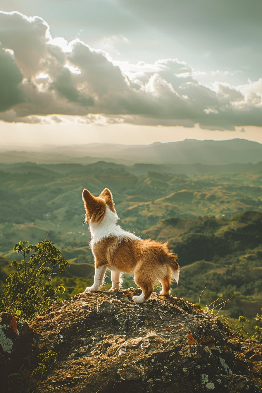 Puppy on mountain peak with vast landscape view