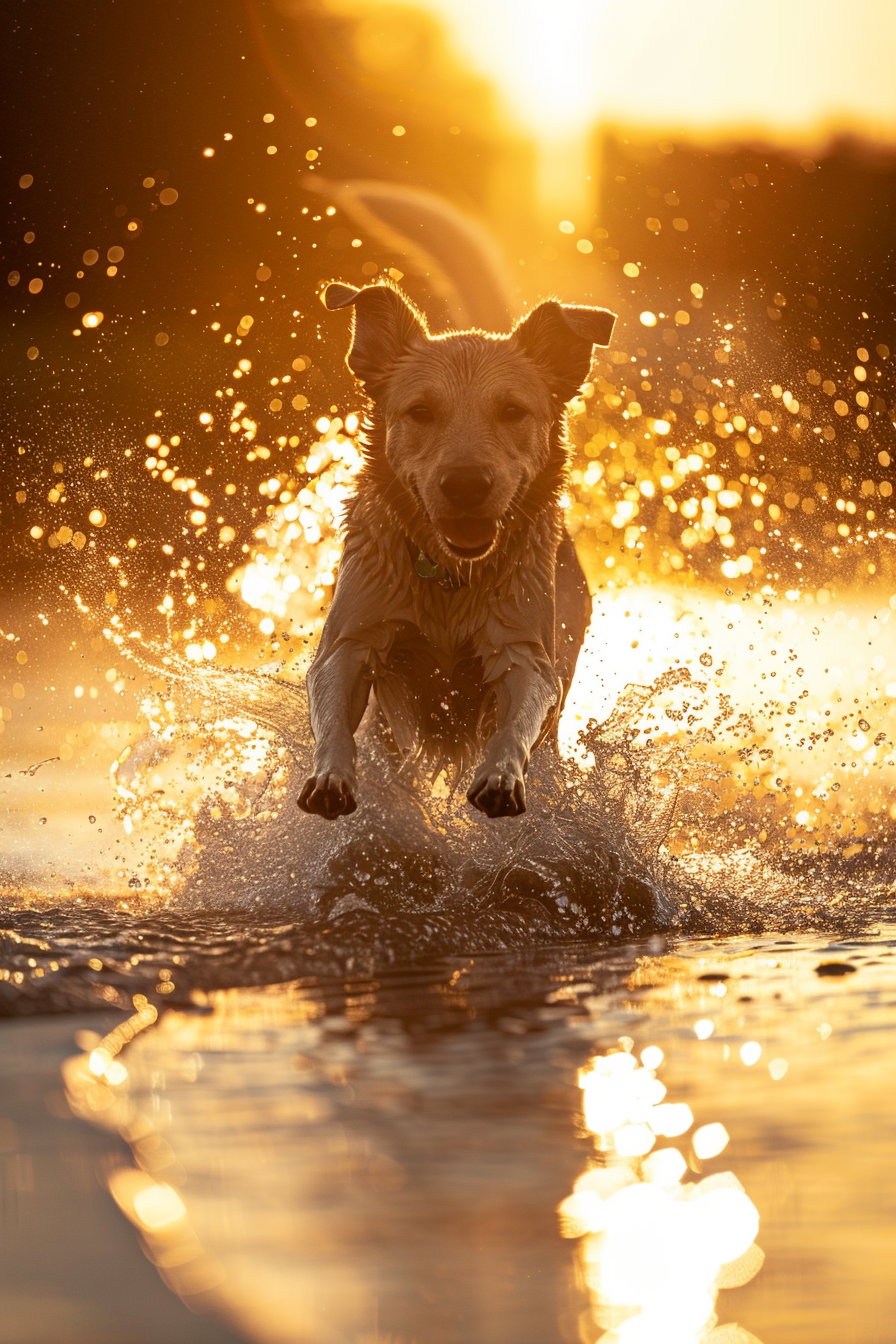 Dog running through shallow water at sunset with glowing splashes