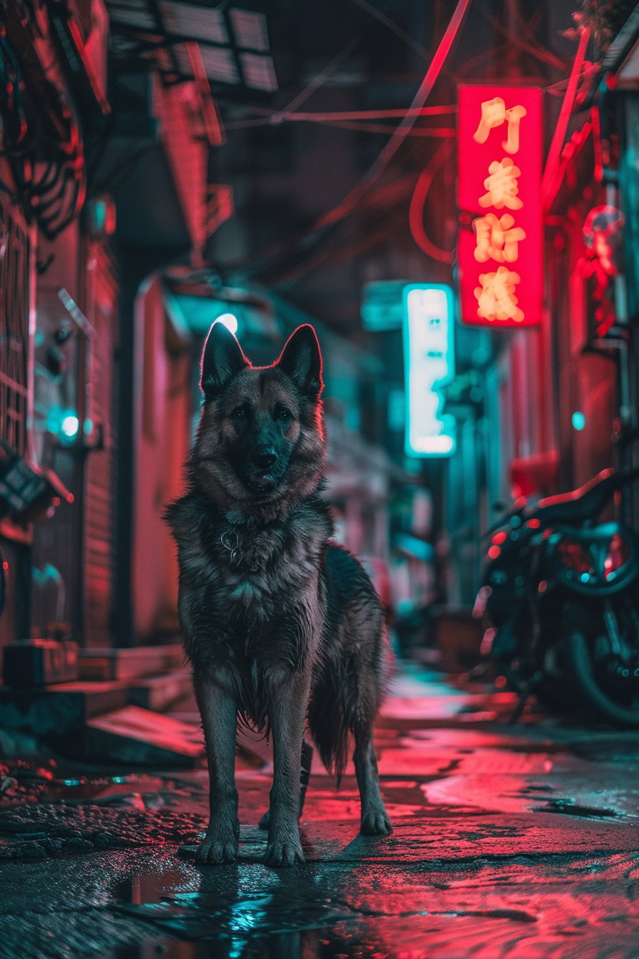 Dog in dark alley with neon lights and reflections