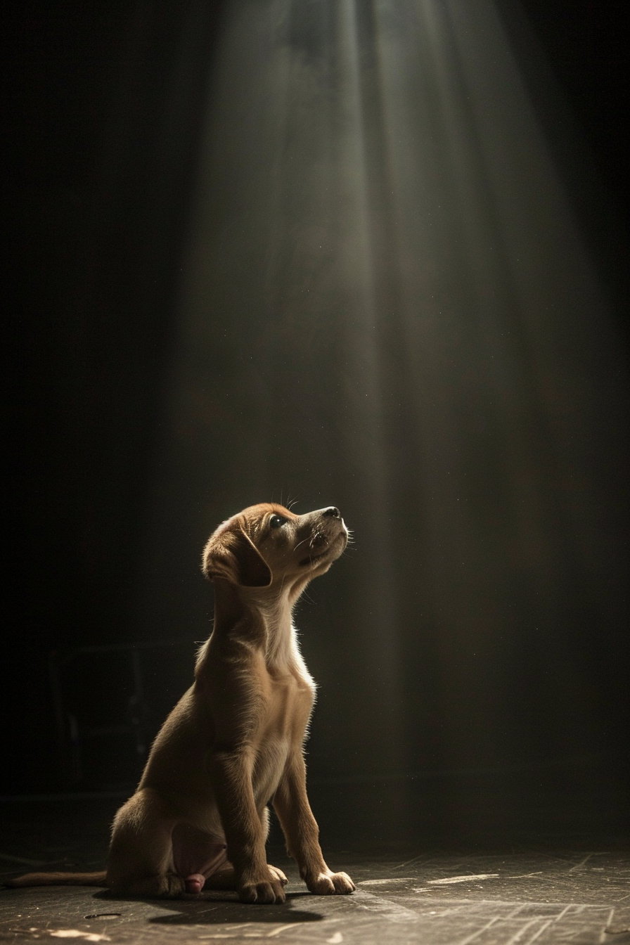Puppy in spotlight on dark stage with cinematic lighting