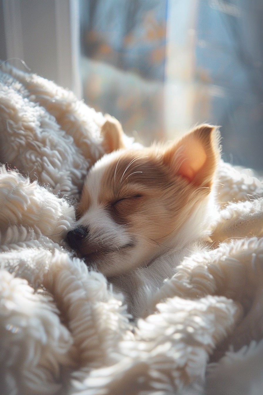 Dreamy puppy portrait in soft light and neutral colors