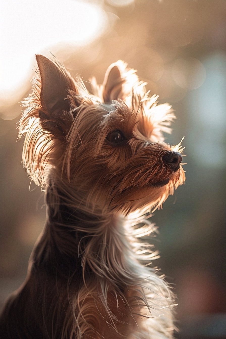 Small dog portrait with warm tones and soft shadows