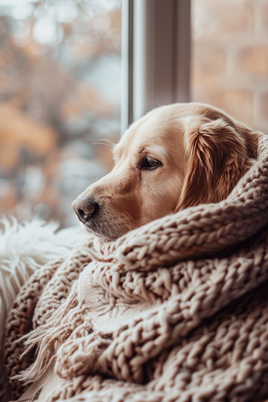 Cozy dog resting on warm blanket in soft lighting