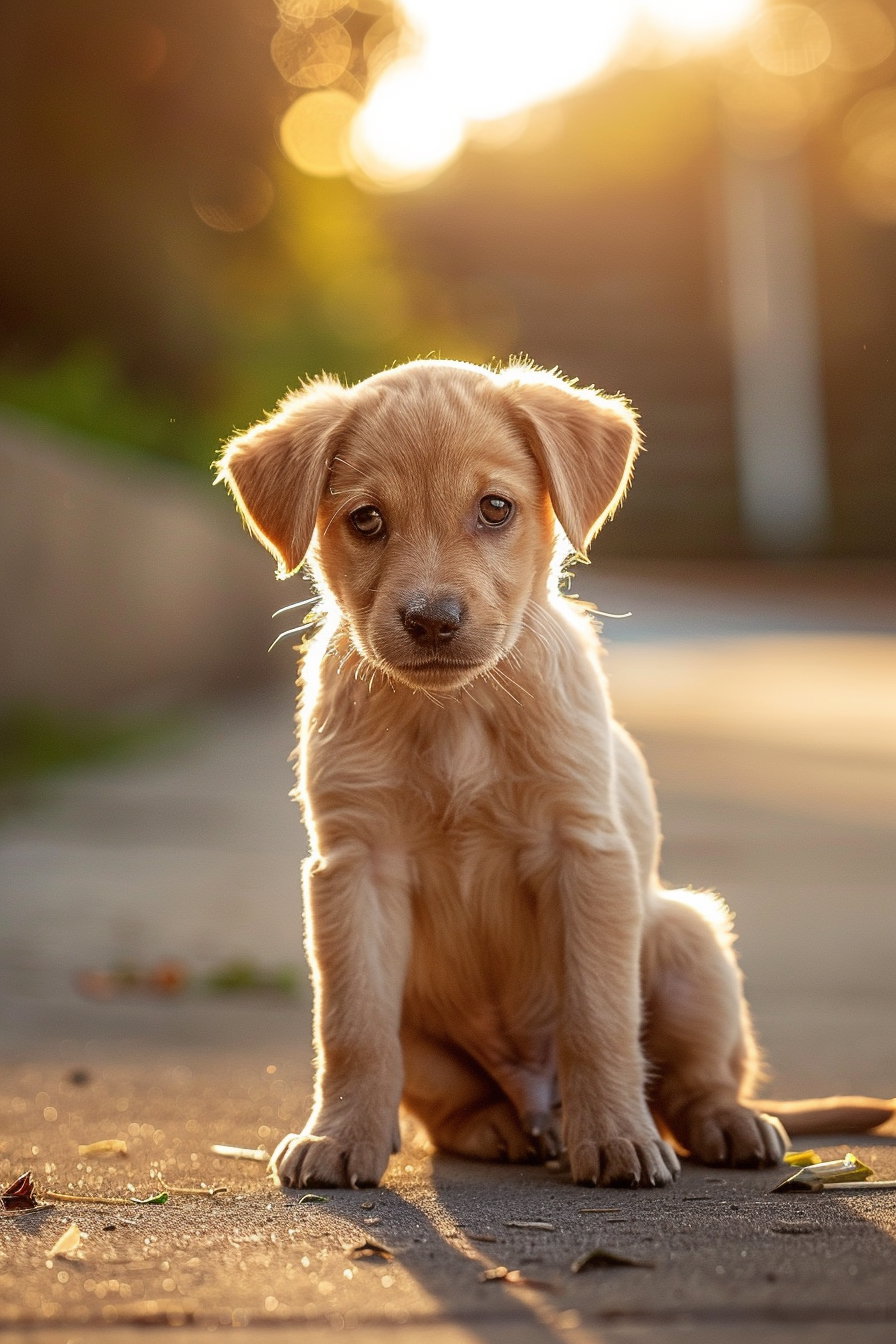 Adorable puppy basking in soft sunlight with gentle tones