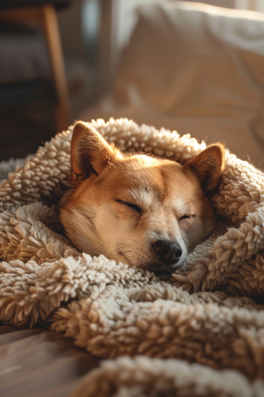 Cute dog nestled in soft blanket with warm light