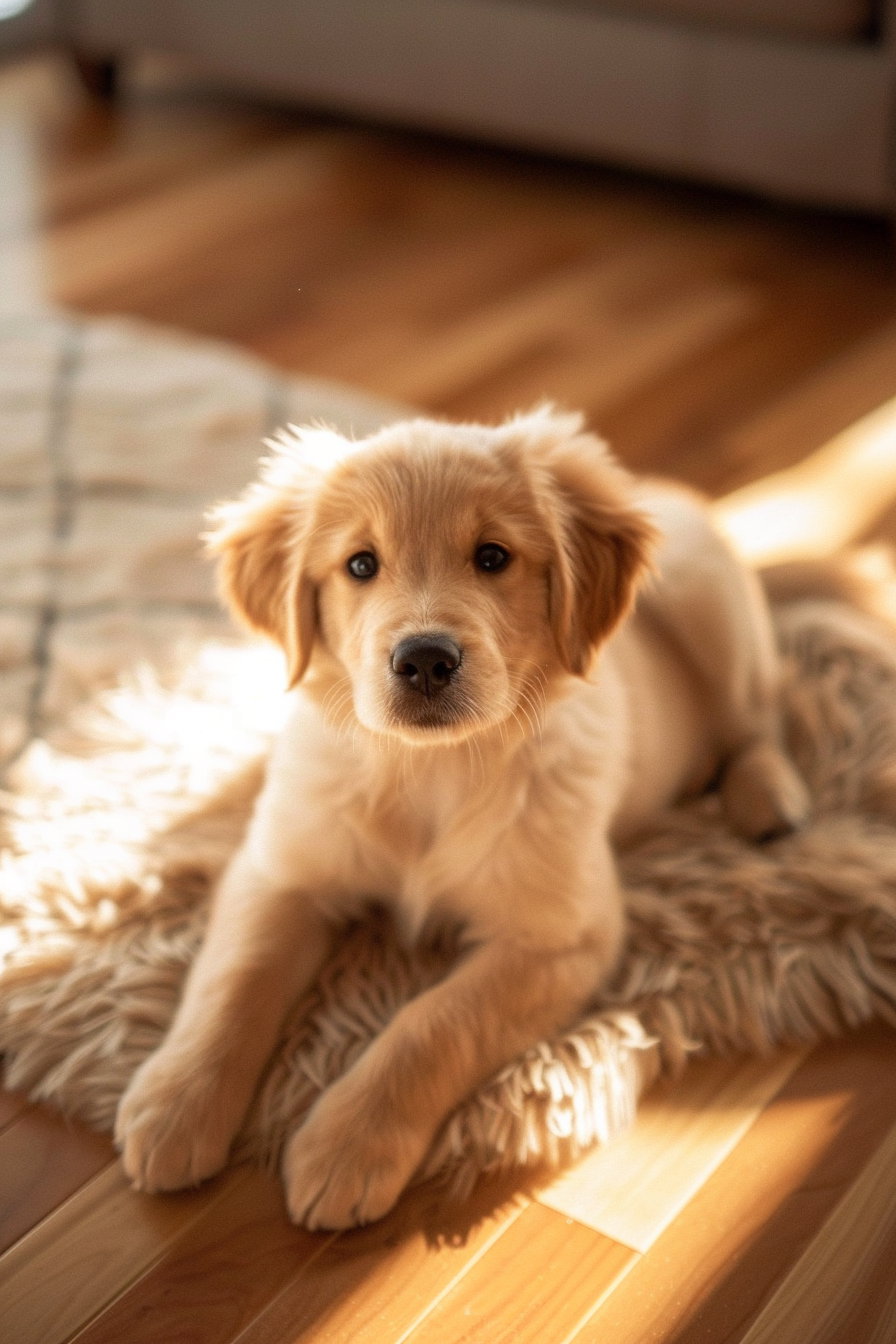Golden retriever puppy in soft sunlight with fluffy fur