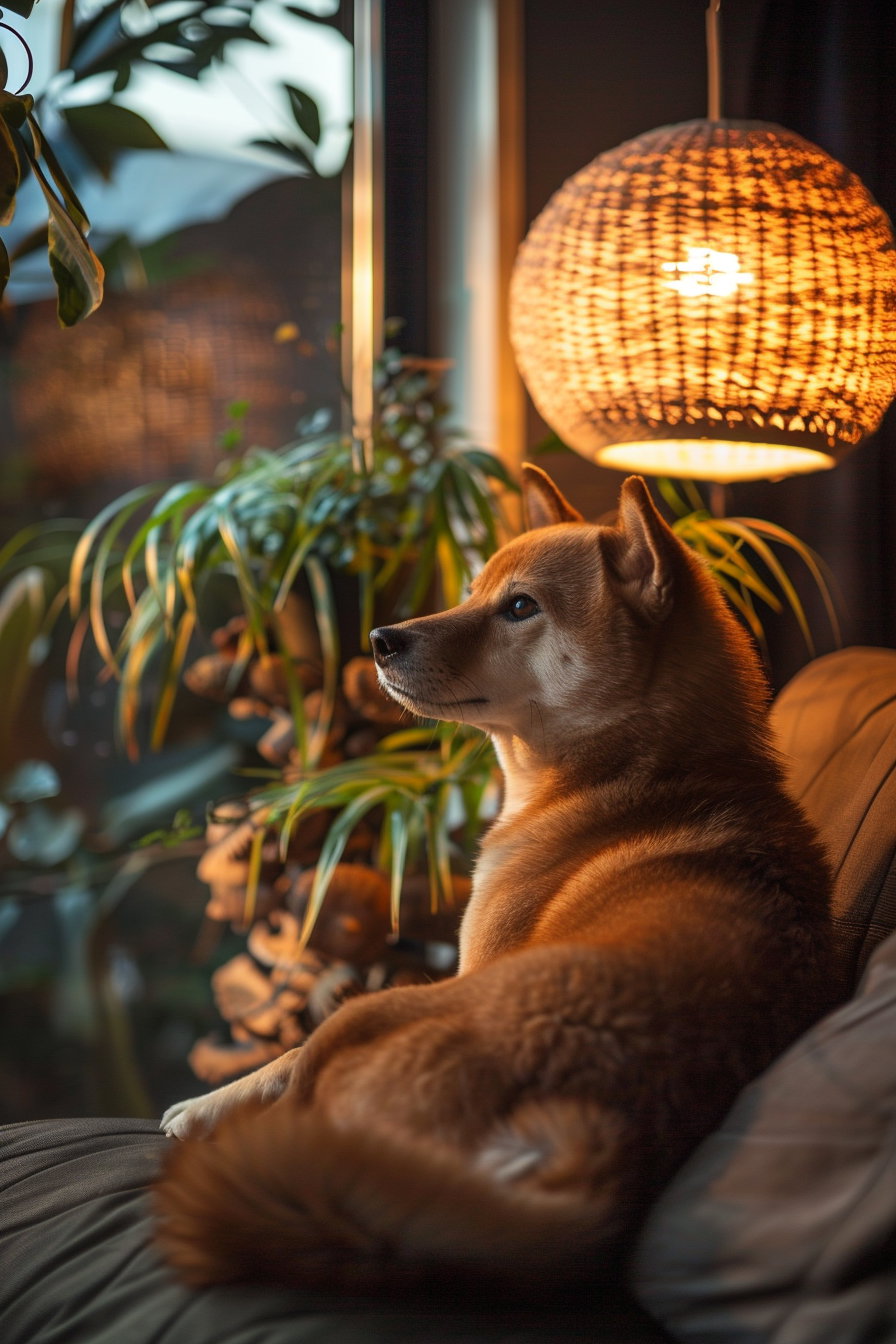 Shiba Inu in warm lighting with minimal interior decor