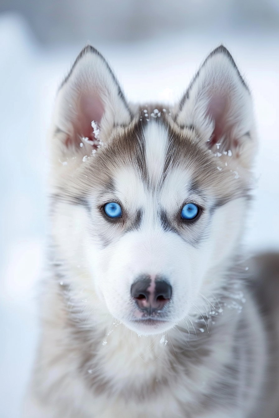 Husky puppy with blue eyes playing in soft snow