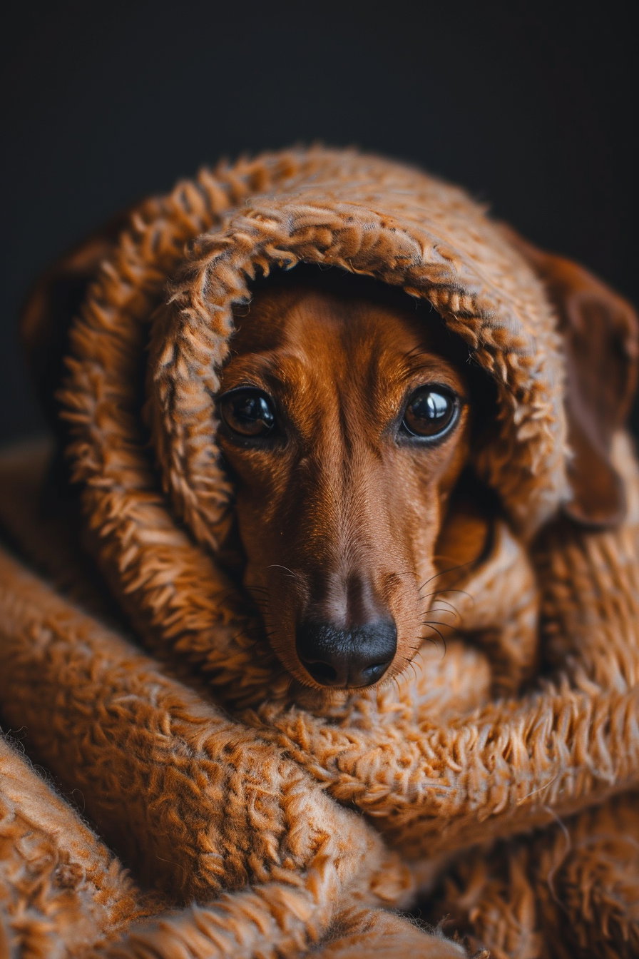 Cozy dachshund wrapped in blanket with warm indoor lighting