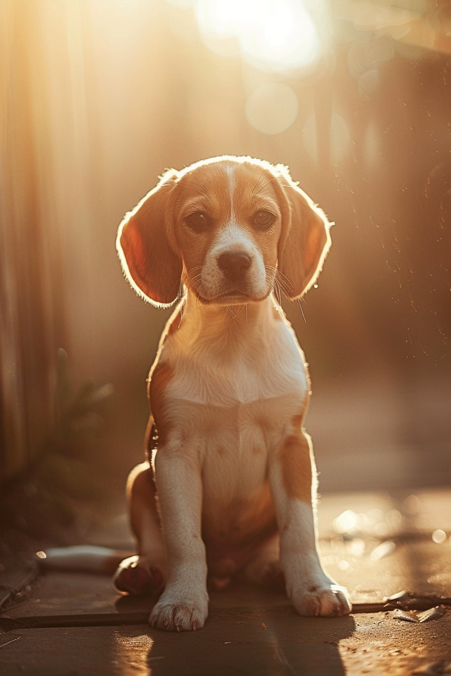 Beagle puppy basking in soft sunlight outdoors