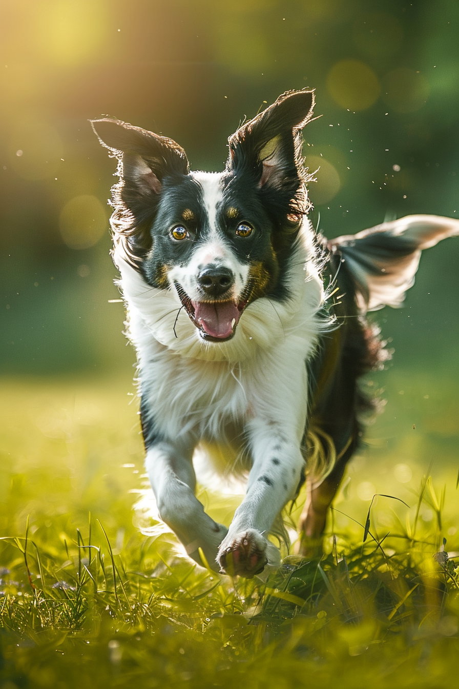 Border collie sprinting through vibrant green landscape under sunlight