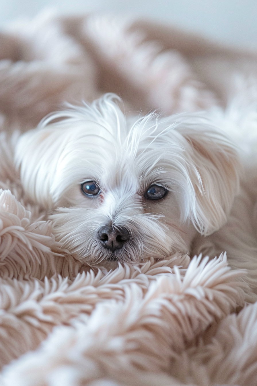 Small white Maltese dog in soft pastel tones