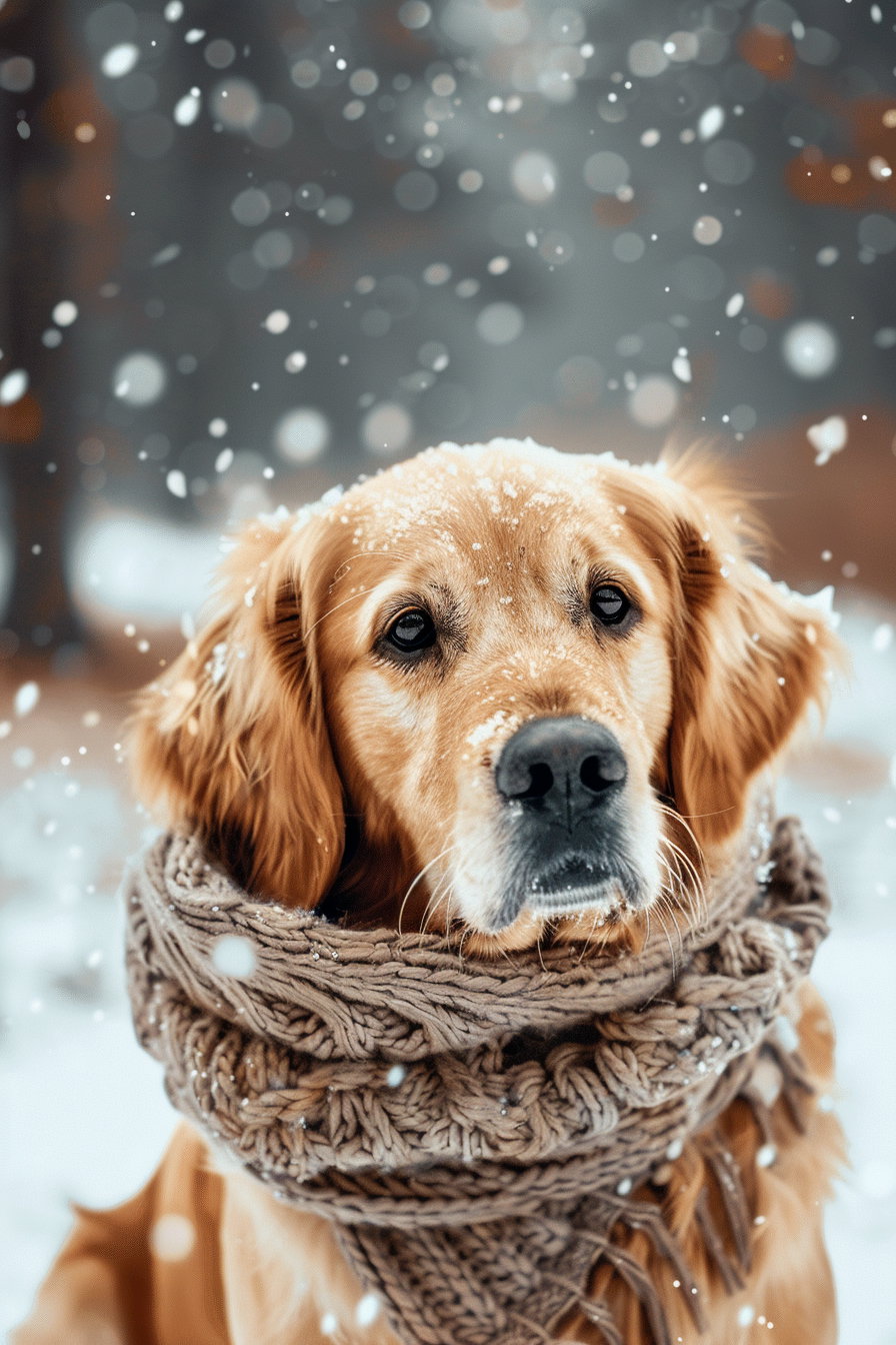 Cute dog in snow with cozy scarf and soft snowfall