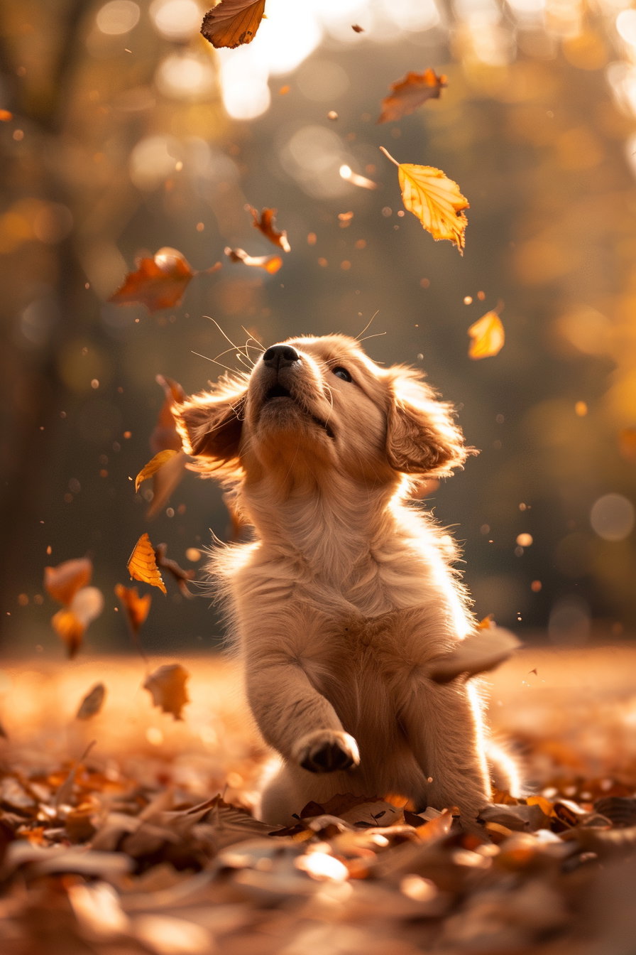 Puppy frolicking in autumn leaves under soft sunlight