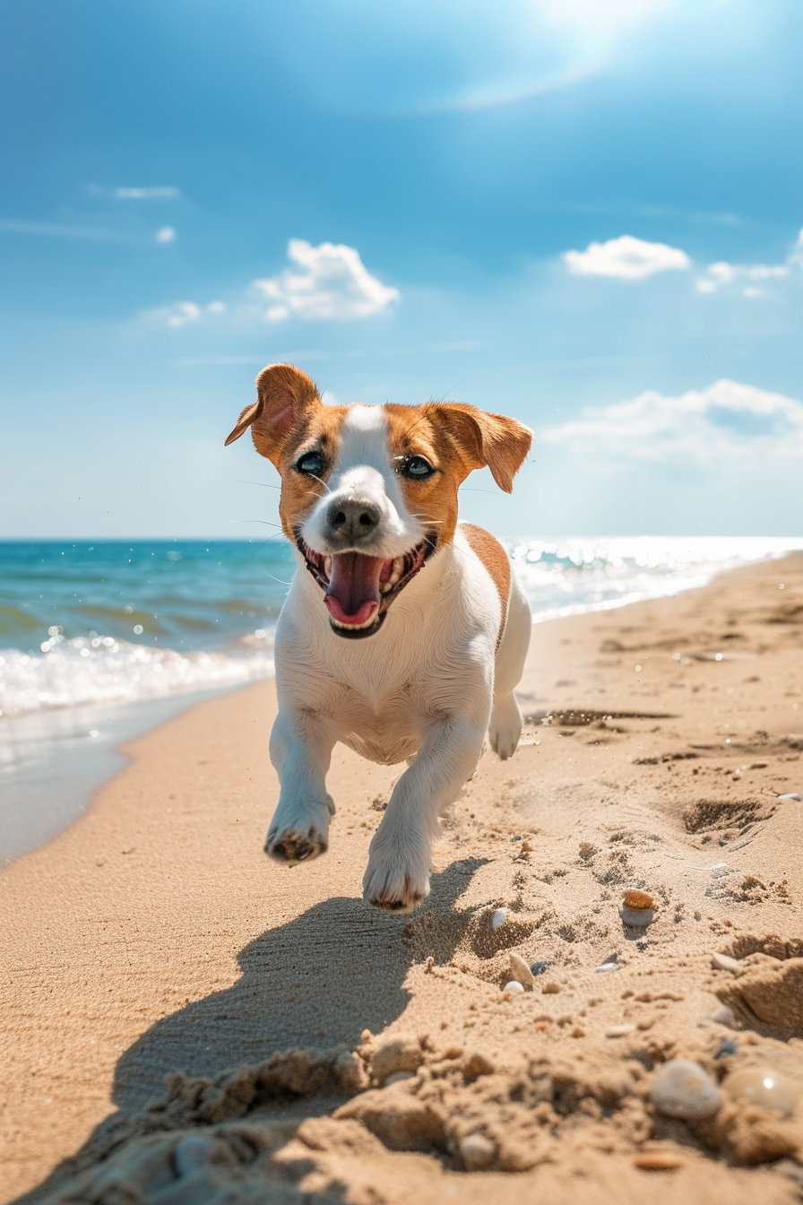 Happy dog running on sunny beach with blue sky