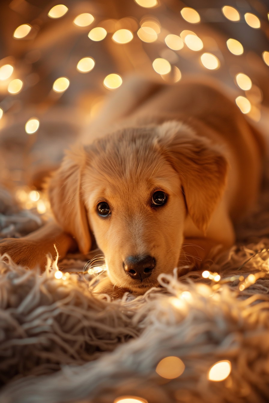 Cute puppy under Christmas lights in cozy holiday setting