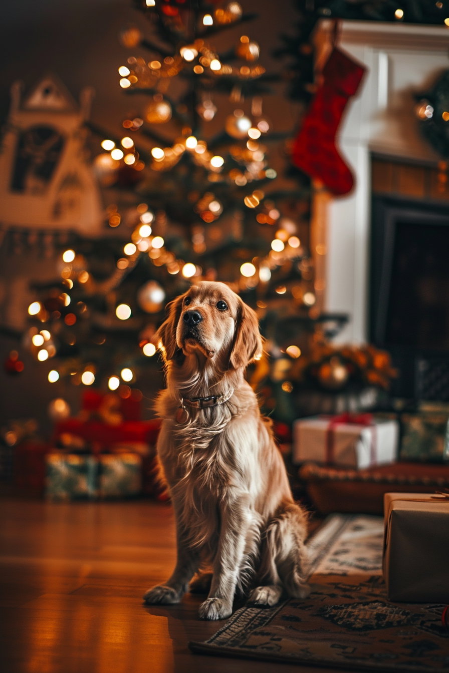 Dog sitting beside a beautifully decorated Christmas tree