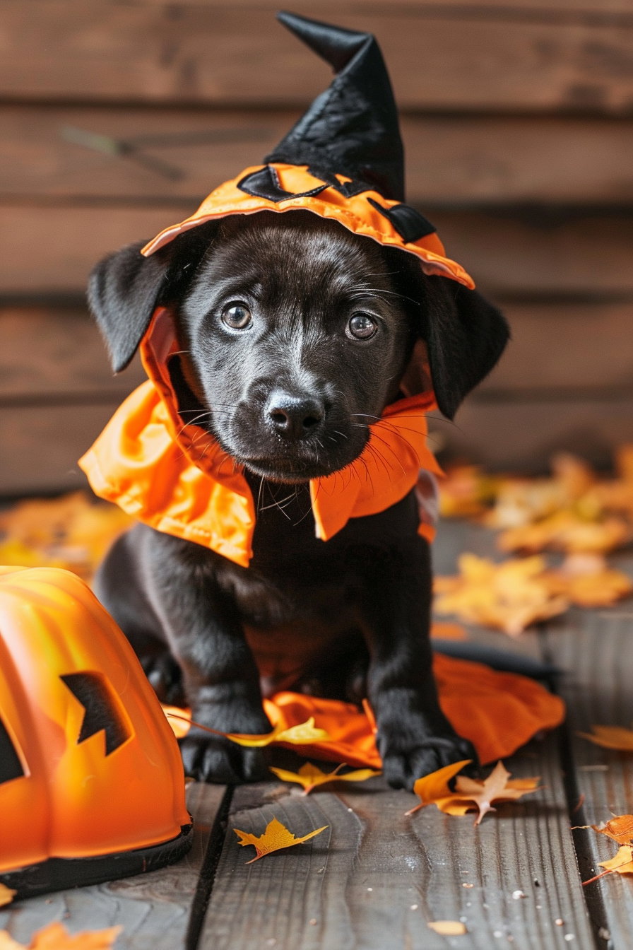 Playful puppy in Halloween costume with cute expression