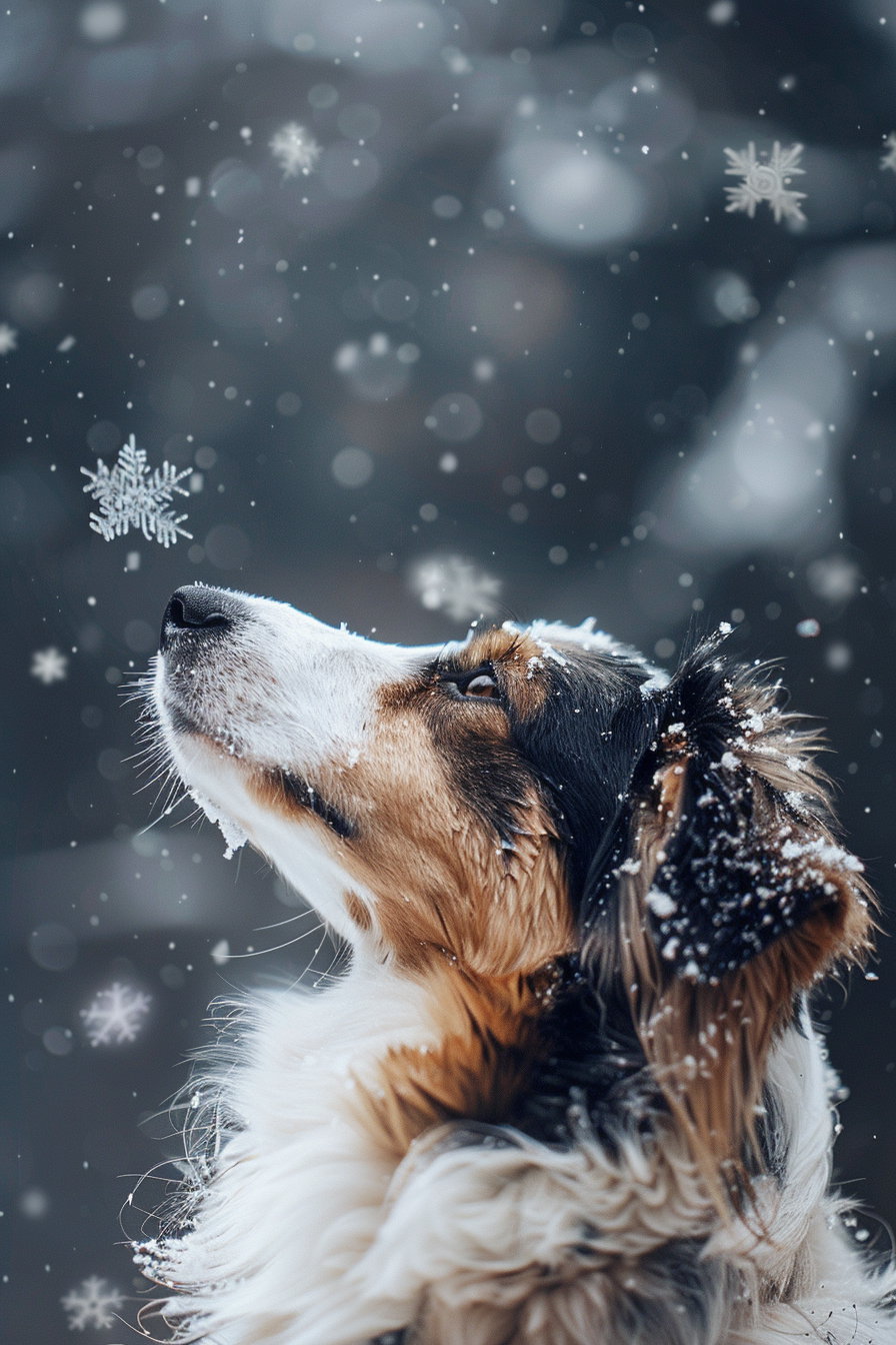 Dog catching snowflakes in soft winter light